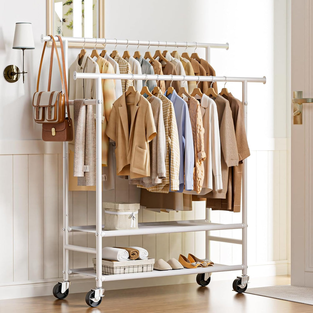 HYSEYY Clothes Rack,Double Rods Rolling Clothing Rack for Hanging Clothes,Por...