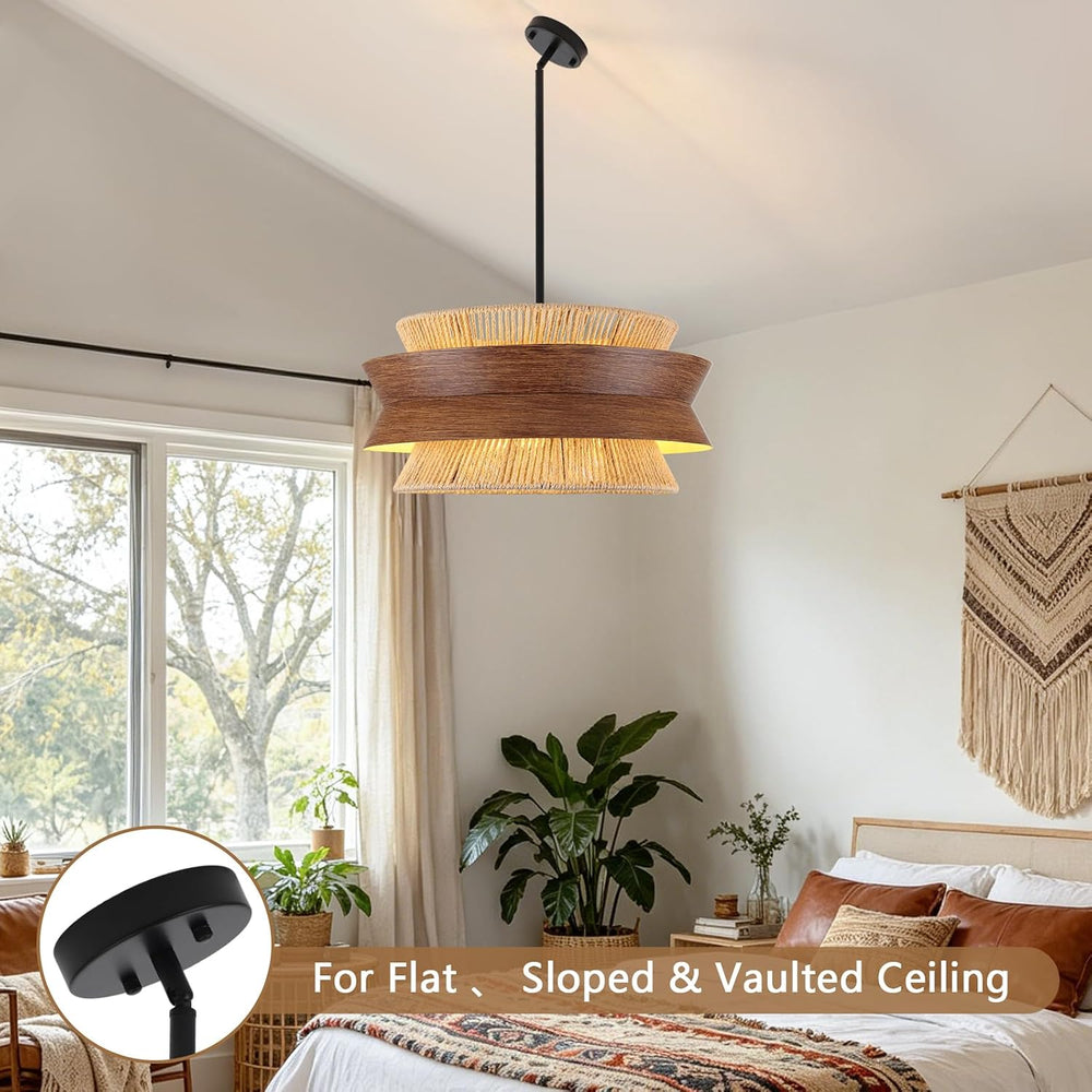 23.6" Rattan Chandelier with Wood Texture for Dining Room