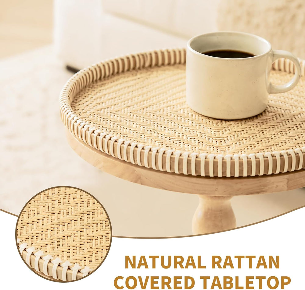 Rattan Round Side Table, Rubberwood Small Drink Table for Small Spaces