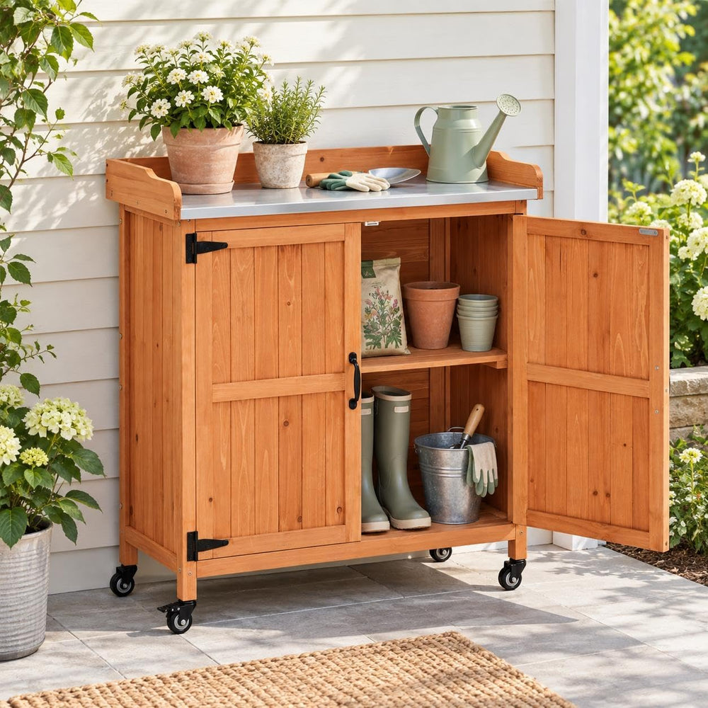 Yaheetech Rolling Potting Bench Outdoor Storage Cabinet, Metal Top, Brown