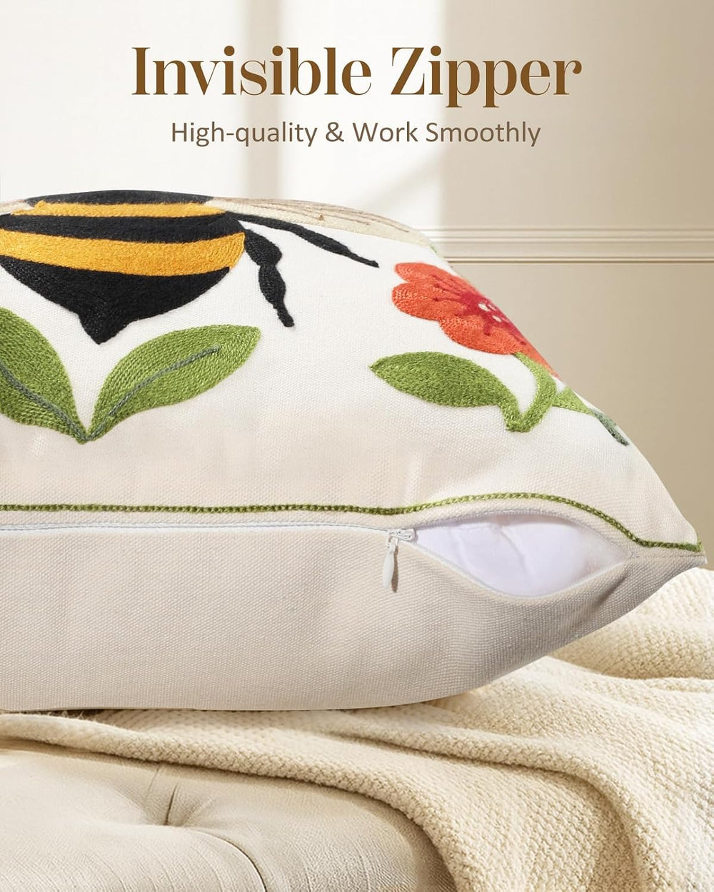 Animal Embroidered Throw Pillow Covers 18x18 Inch, Bee Floral