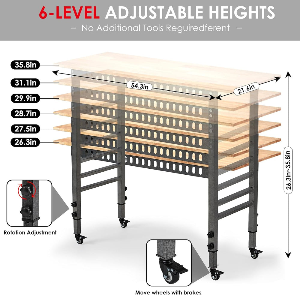 OLBRUS 54.3" Adjustable Workbench with Power Outlet and Metal Wheels