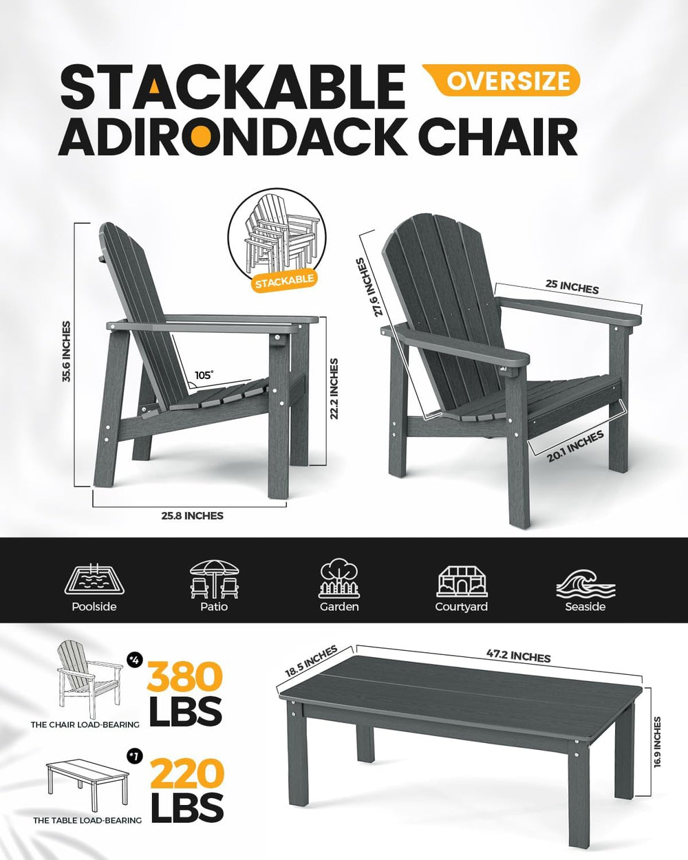 nevilywood Stackable Adirondack Set, 4 Chair with Table, Patio Set, Grey