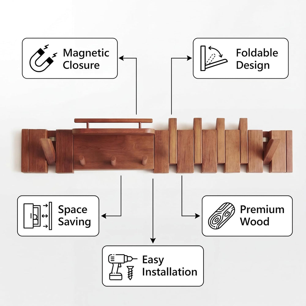 Mid Century Modern Wood Coat Rack Wall Mount with Shelf, 9 Hooks, Walnut