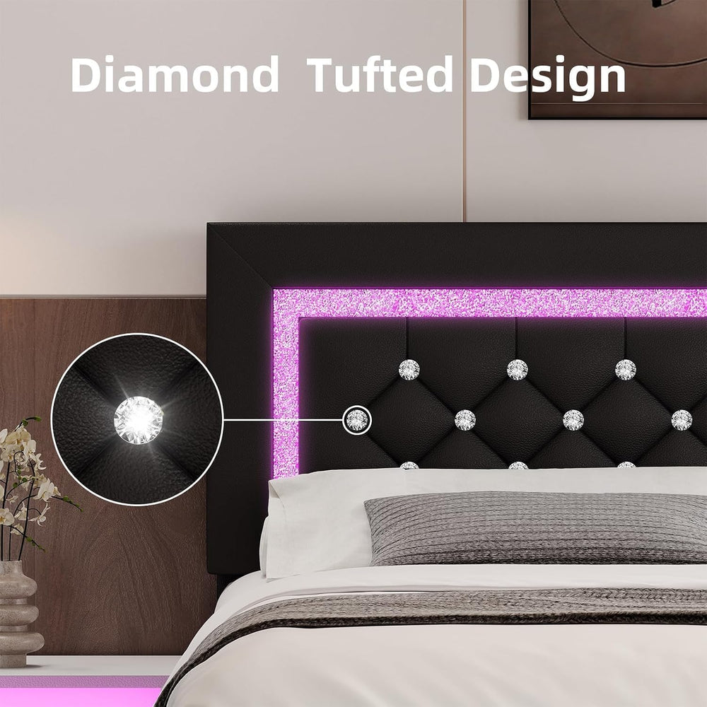 BarnFurin Queen Bed Frame with LED Lights, Diamond Tufted Headboard, Black