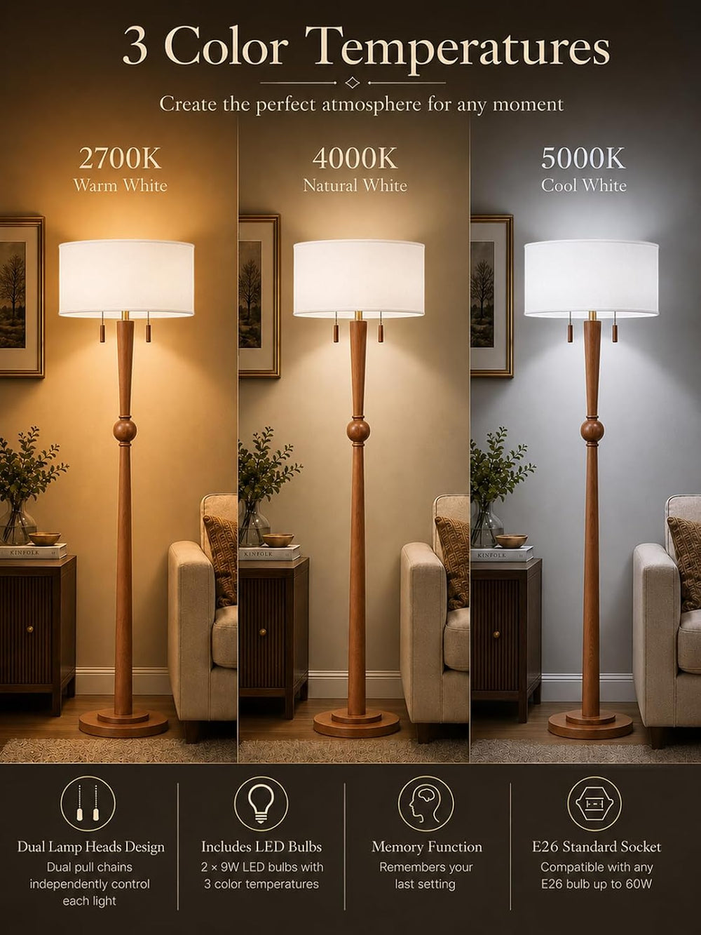 MOFFE Solid Wood Floor Lamp for Living Room,Pull Chains Standing Lamp