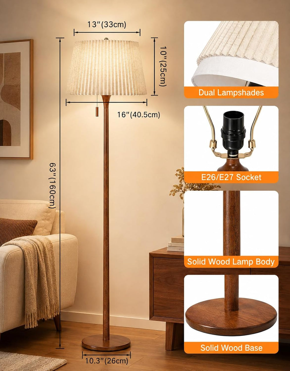 OUTON Wood Floor Lamp with Remote, Dimmable Farmhouse Floor Lamp, Walnut