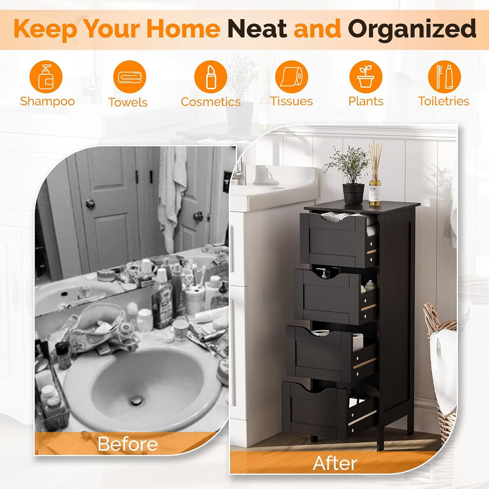 Bonnlo Slim Bathroom Floor Cabinet, 4-Drawer Wooden Freestanding Storage Unit...