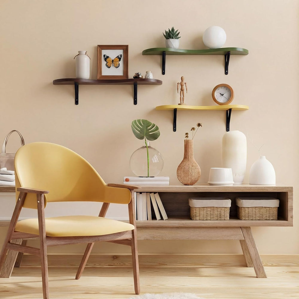 AceOrbit 3 Pcs Mid Century Floating Shelves Wavy Cloud Shelves Wooden Shelf L...