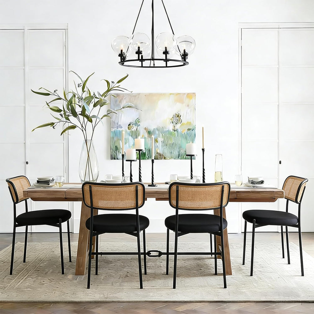 Black Rattan Dining Chairs Set of 6, Mid-Century Modern Chair with Boucle, Ki...