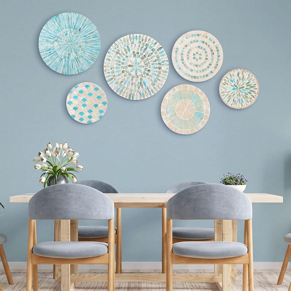Tioncy 7 Pcs Assorted Blue Mother of Pearl Shell Plate Coastal Wall Art