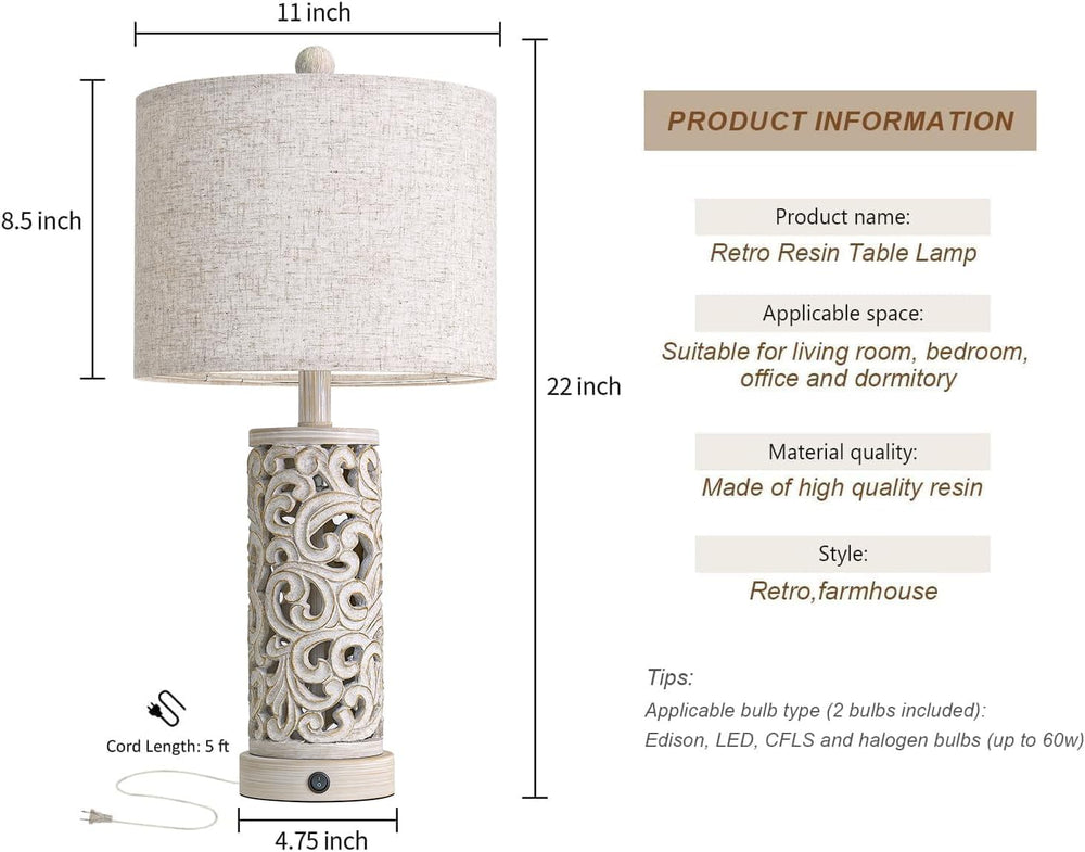 OYEARS Bedside Table Lamps Set of 2 with Night Light, 22'' Distressed...
