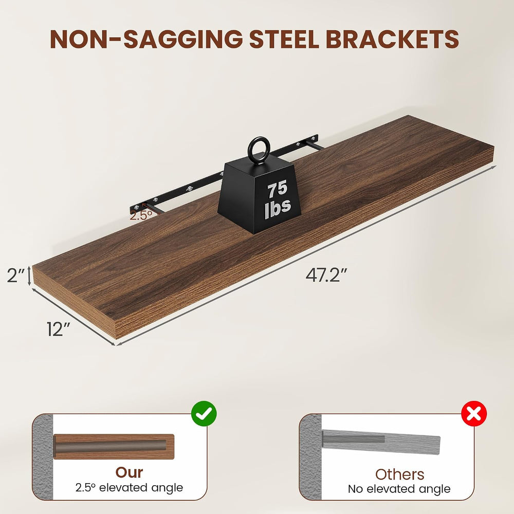 Vivelove Deep Floating Shelves 48x12” Set of 2, Walnut