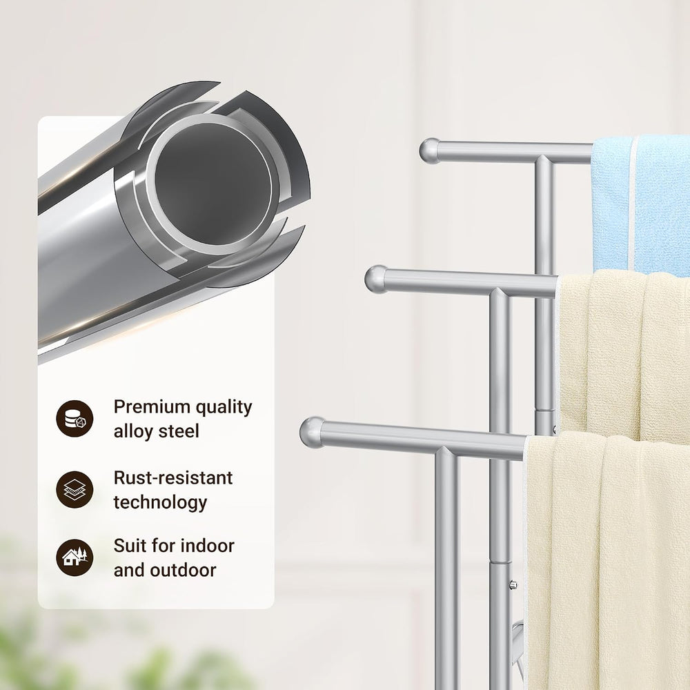 ELYKEN 3 Tier Freestanding Towel Rack with Shelf, 40" H Towel Stand, Silver