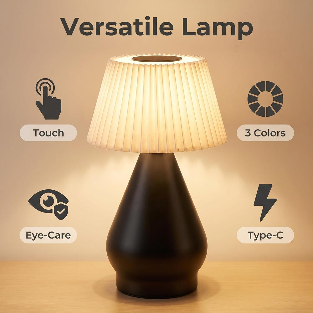 Cordless Rechargeable Small Black Bedside Touch Table Lamp,Pleated Shade