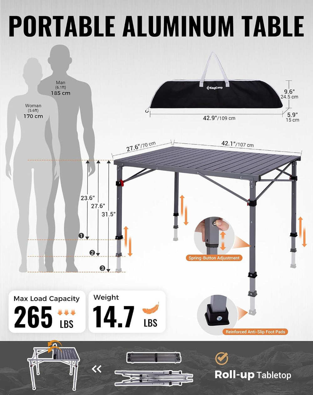 KingCamp 265lbs Adjustable Camping Table Foldable, Aluminum Camp Table