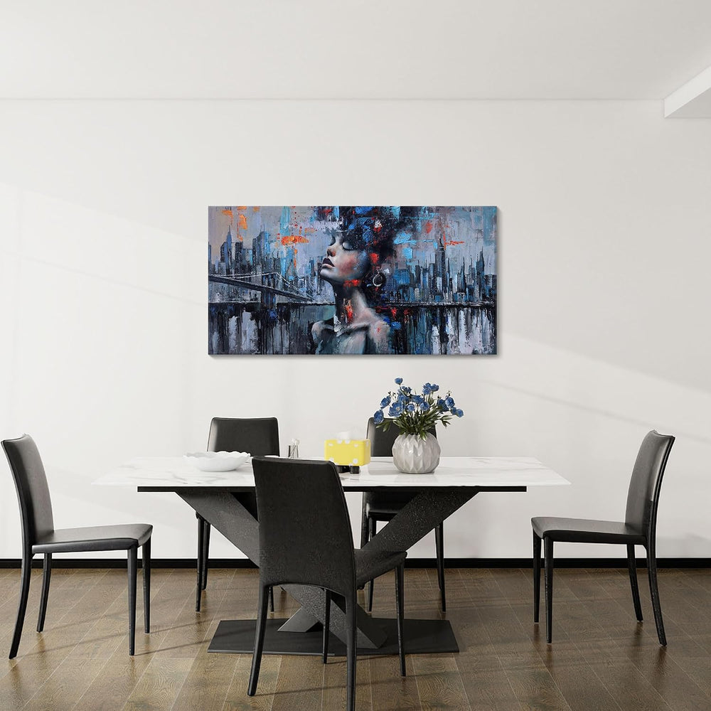 Navy Blue Abstract Wall Art Woman Picture for Living Room Modern Home Bedroom...