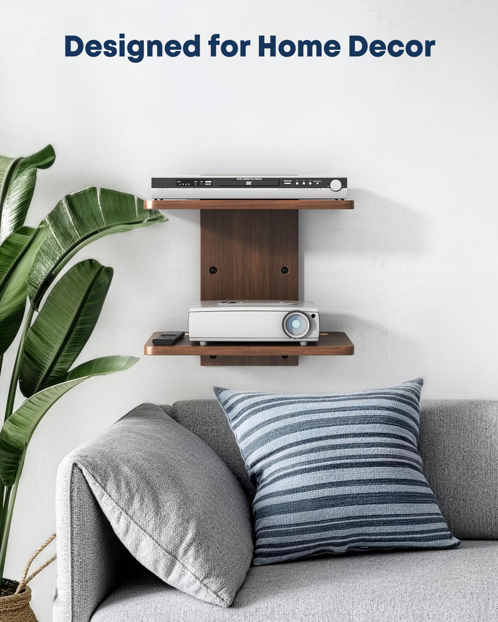 Floating TV Projector Shelf Wall Mount - 2 Tier Wooden Shelf, Walnut Brown