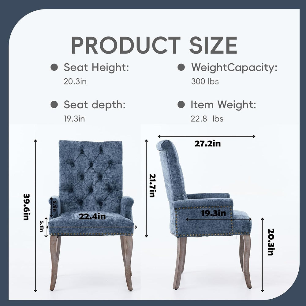 Blue Chenille Dining Chairs Set of 2, Tufted Upholstered Dining Room Chairs