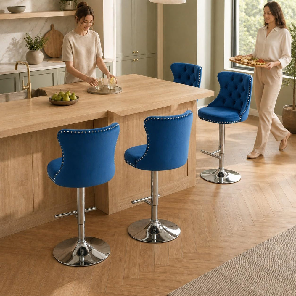 Swivel Counter Height Bar Stools Set of 4, Navy Kitchen Island Barstools, Vel...