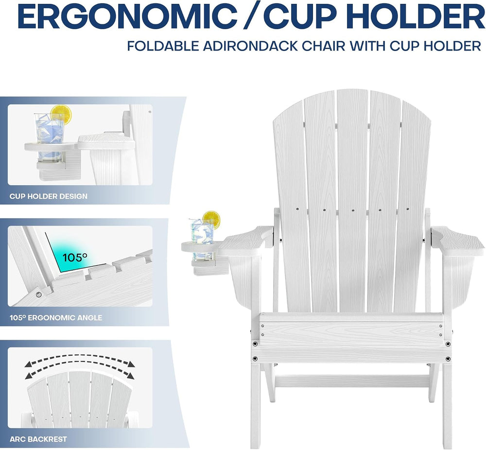 Adirondack Chair Set of 2 with Cup Holders&Table, White