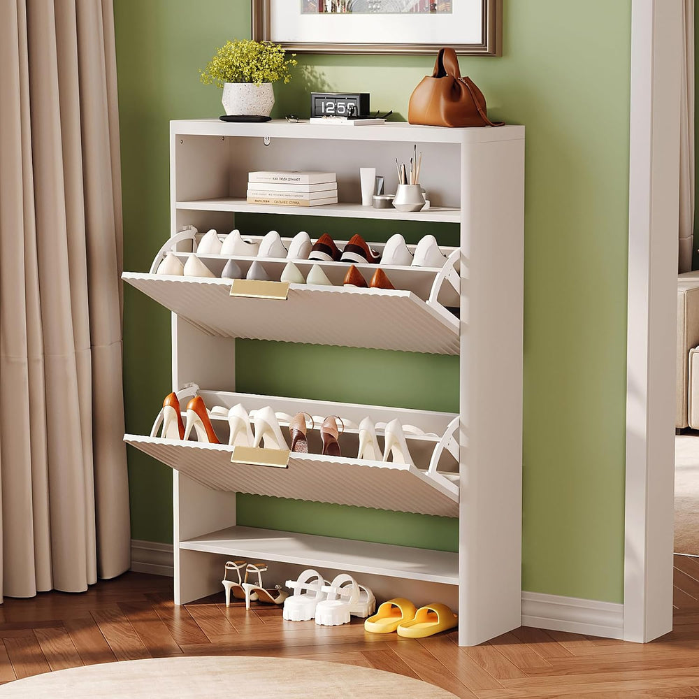 VINGLI White Slim Shoe Cabinet with Curved Edges, Modern Hidden Shoe Storage ...