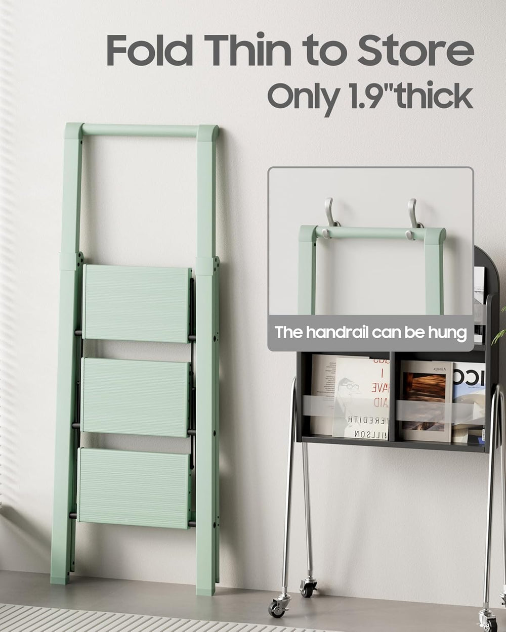 HillhutApex Aluminum 3 Step Ladder, Step Stool Foldable Ladder(Pale Green)