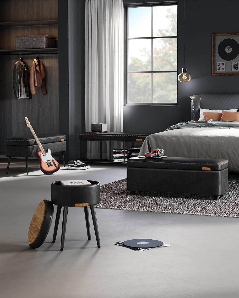 VASAGLE Storage Ottoman Bench with Stitching, PU Leather, Entryway Bedroom