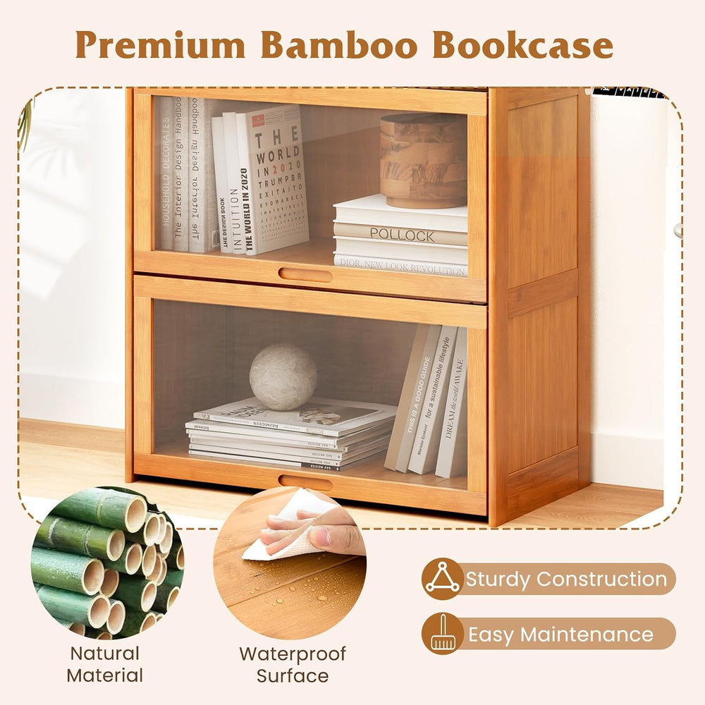 Giantex 4-Tier Bookcase with Clear Doors, 55" Bamboo Bookshelf with Flip...