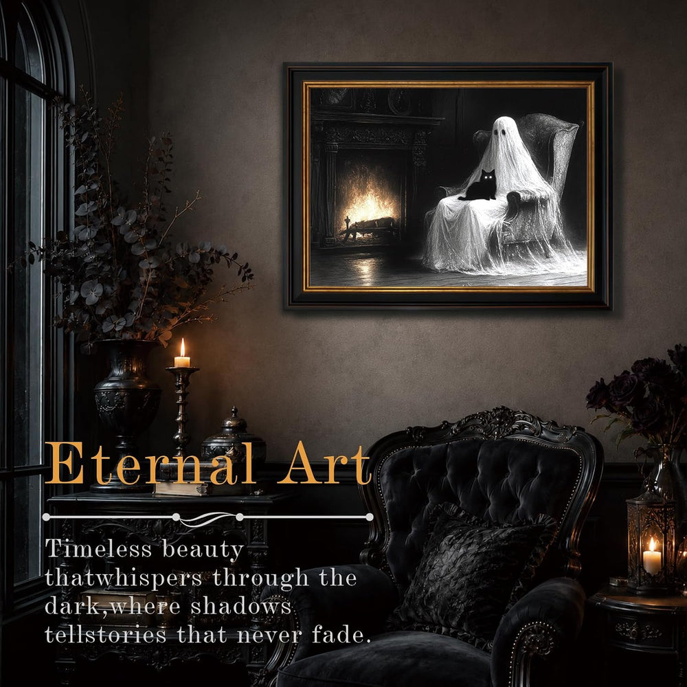 Ghost and Black Cat Framed Canvas Art, Gothic Halloween Wall Decor