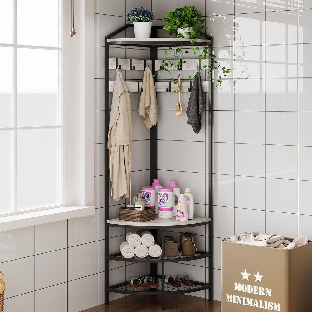 GiftGo Grey Corner Hall Tree with Shoe Bench Entryway Coat Rack with 10 Metal...