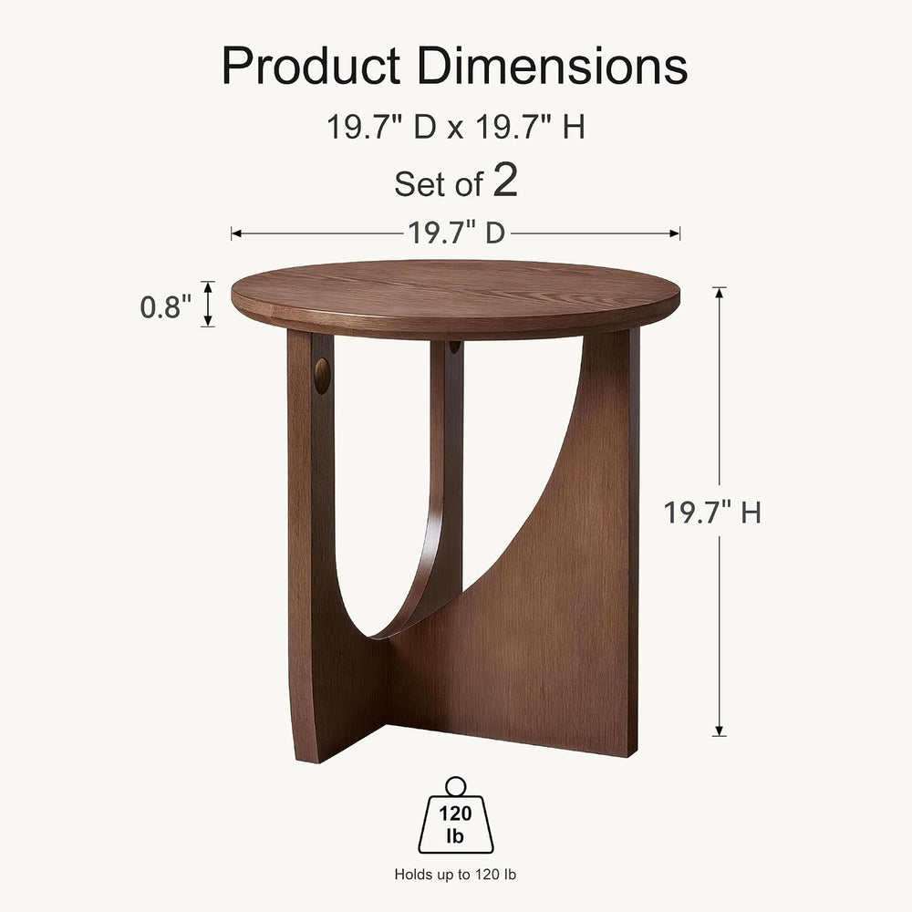 Round Side Tables, Set of 2, 19.7" Solid Wood End Tables, Walnut