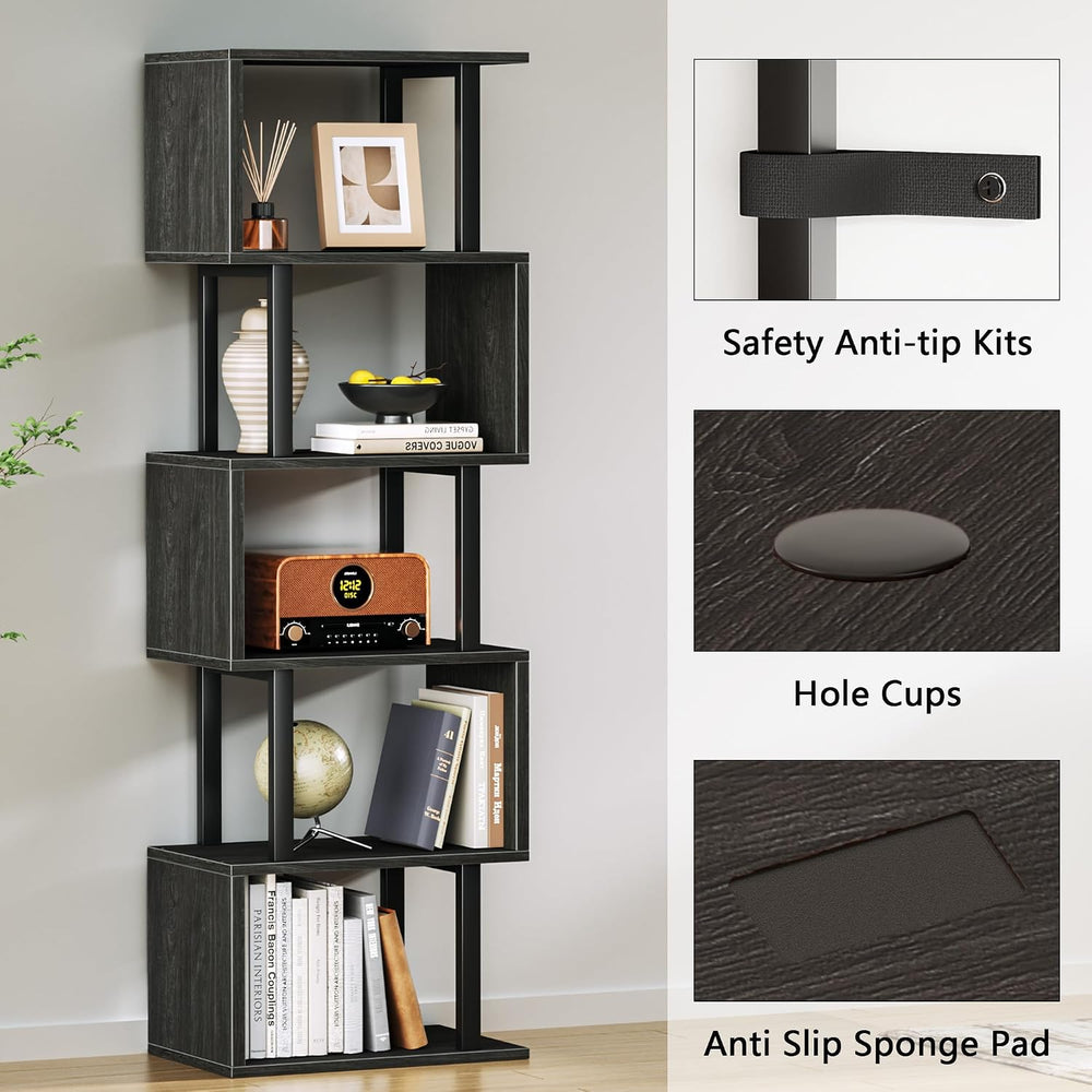 Furologee 6 Tier Bookshelf, S Shaped Geometric Bookcase, Black Oak