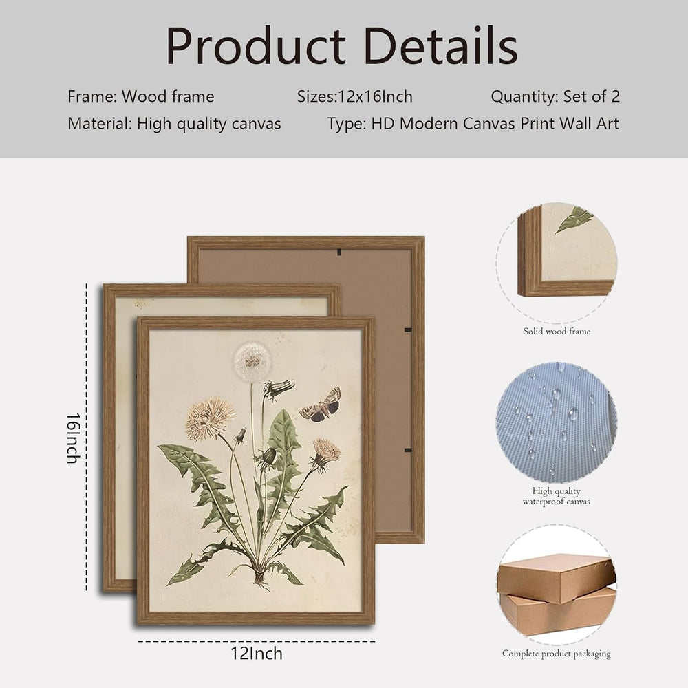2pcs Framed Vintage Botanical Wall Art Canvas Prints Wildflower 12x16in