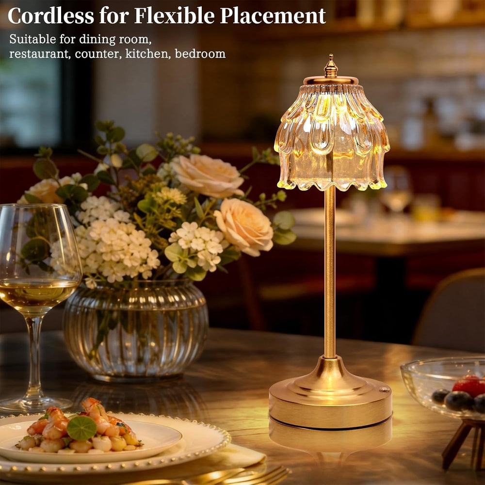 Rechargeable Cordless Table Lamp with Amber Glass, Gold Flower Table Lamp
