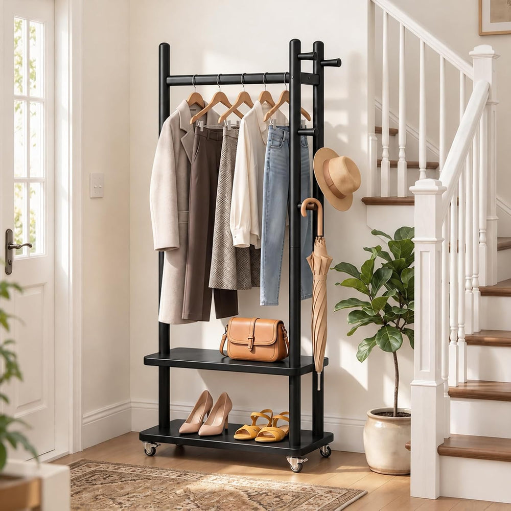 Taitiy Coat Rack Solid Wood Stand Storage 2 Shelves 5 Hooks Black