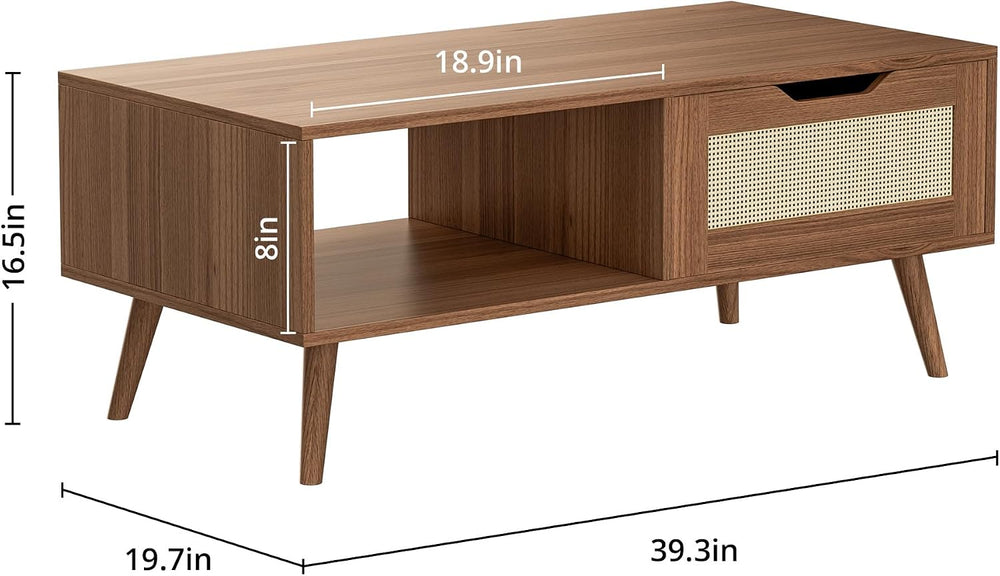 DIYART Brown Rattan Coffee Table, Mid Century Modern with Drawer & Shelf,...