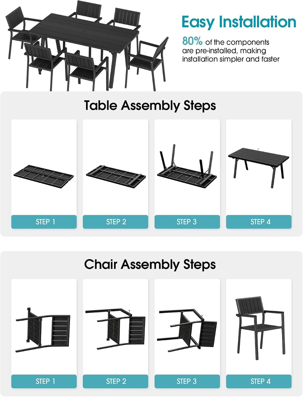 Aluminum Outdoor Dining Set of 6, Patio Table and Stackable Chairs, Black