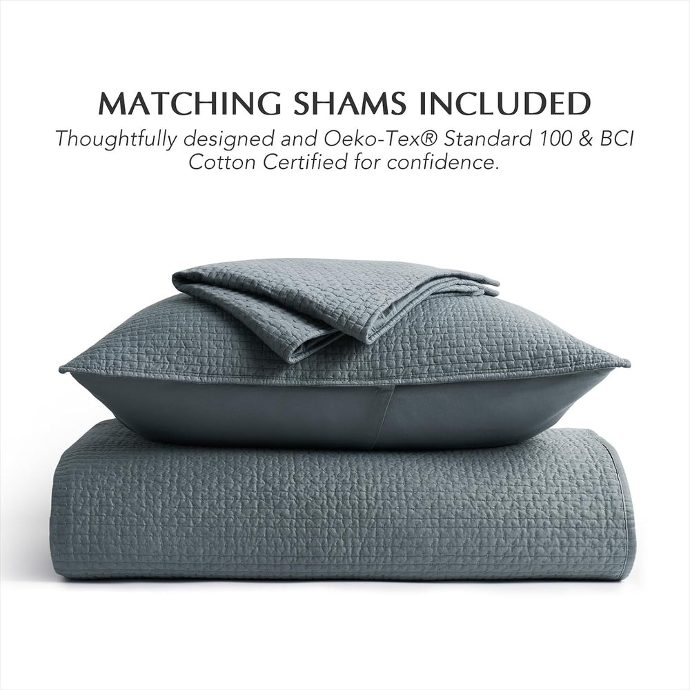 EverGrace Cotton Sateen Pick-Stitch Quilt Set, King Size, Dusk Blue