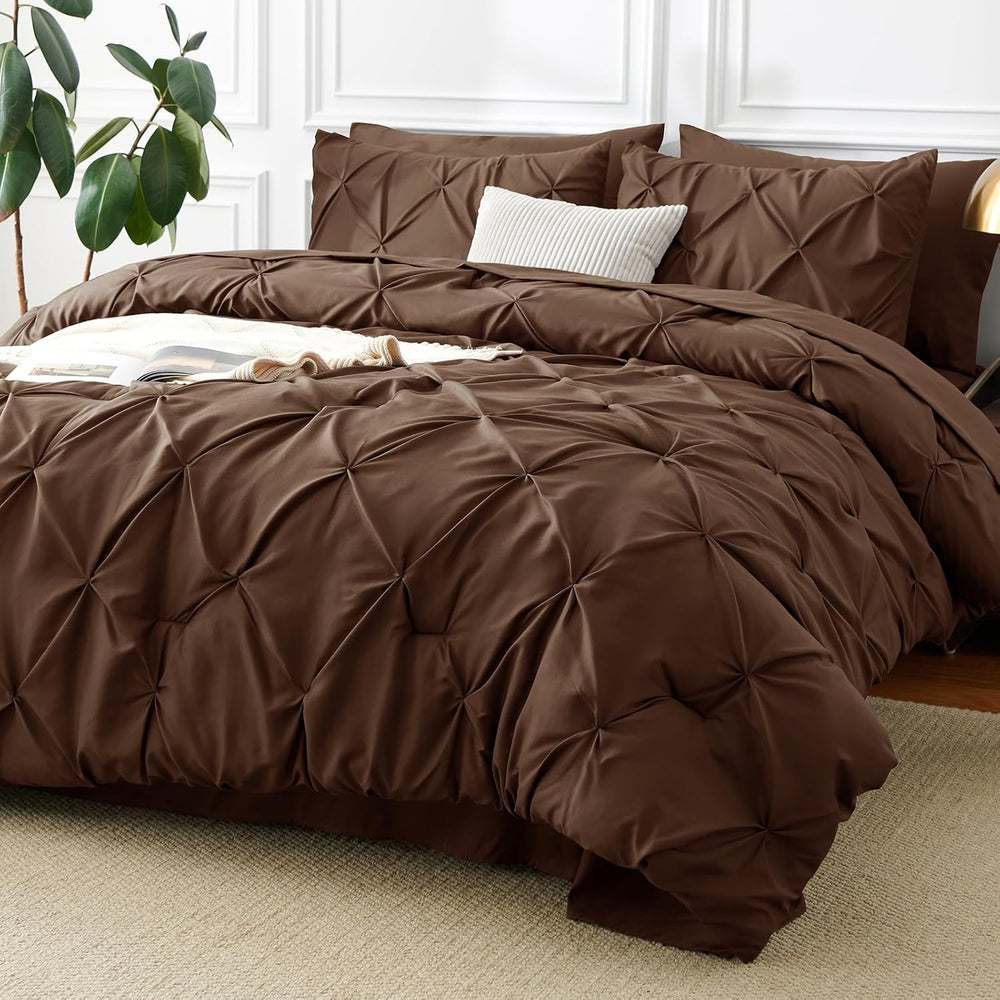 CozyLux Queen Comforter Set Brown, 7 Pieces Pintuck Bed in a Bag
