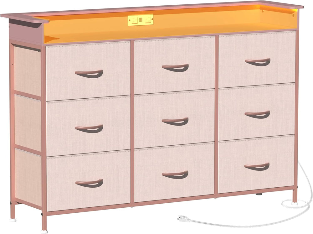 EXOTICA Pink Dresser with LED Light for Girls Bedroom 9 Drawer Dressers with ...