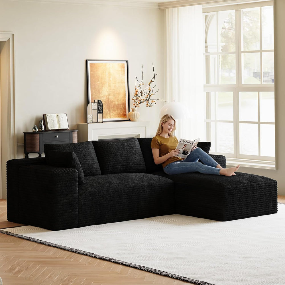 ONEMMLION 96" L-Shaped Cloud Boneless Couch Sofa with Chaise, Black
