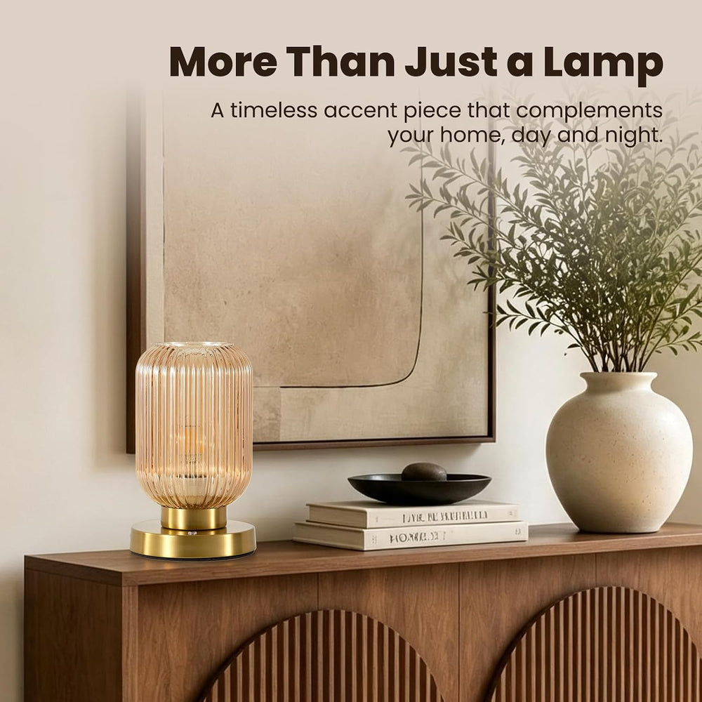 6" MCM Cordless Rechargeable Amber Glass Table Lamp, Touch Dimmable