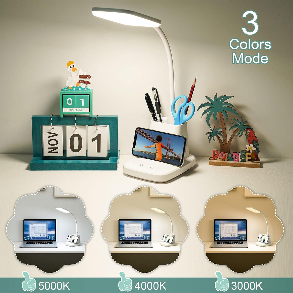 LED Desk Lamp with 10W Wireless Charging & Pen Holder, Snow White