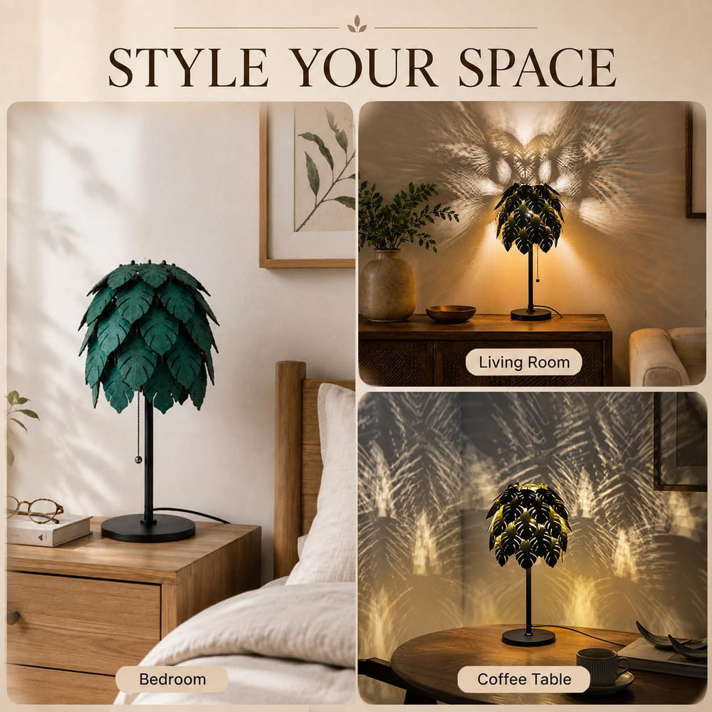 DIY Wood Monstera Table Lamp for Bedroom, Dimmable Lamp with Pull Chain