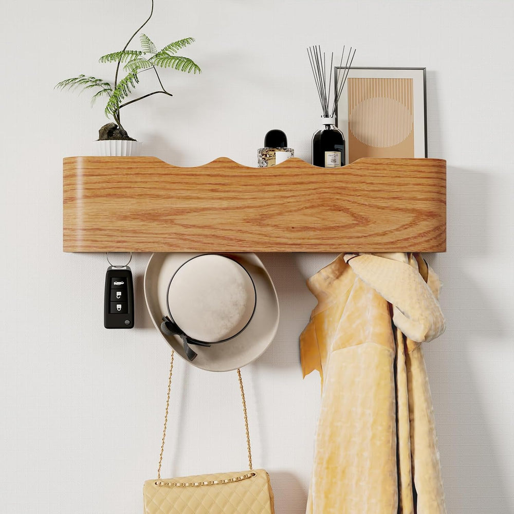 Coat Rack Wall Mount with Shelf 4 Hidden Hooks Modern Wooden Key Holder Entry...