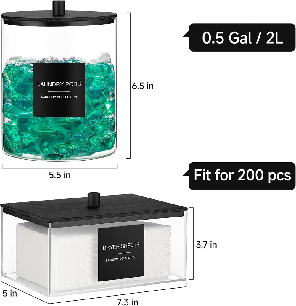Glass Jars and Acrylic Dryer Sheet Holder, Laundry Pods Container with Bamboo...