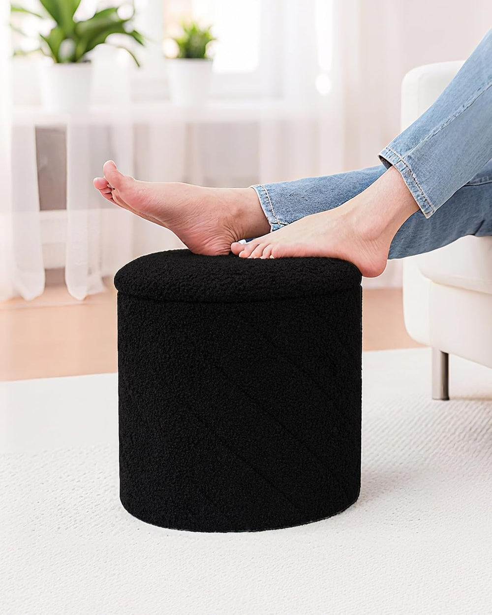 B FSOBEIIALEO Ottoman with Stroage, 13" Round Boucle Ottomans, Black