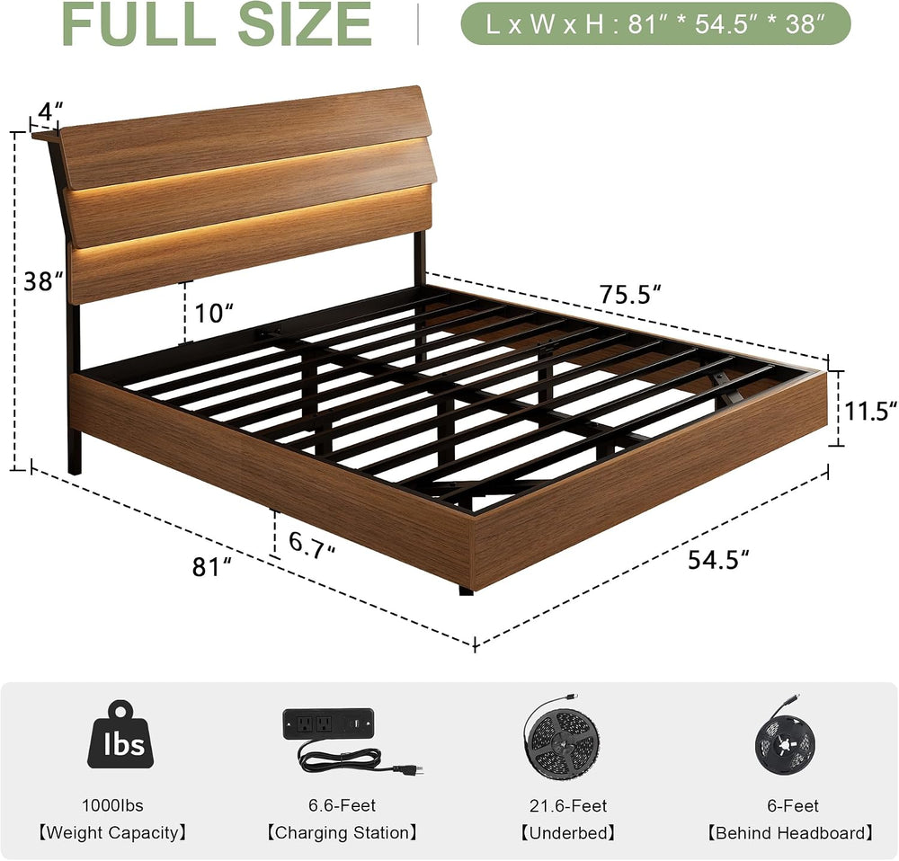 Feonase Floating Bed Frame Full with Led Lights and Charging Station, Wood Fu...