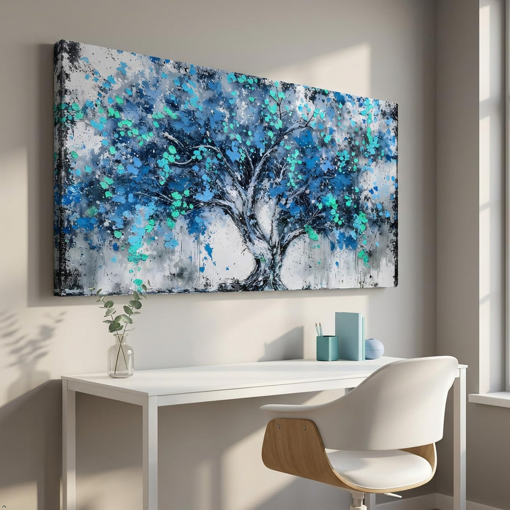 SHYART Tree Wall Art Teal Blue Nature Tree of Life Canvas Painting 58x28in